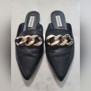Steve Madden Black Leather Chain Mules “FINISH” Pointed Toe Slip On 8M